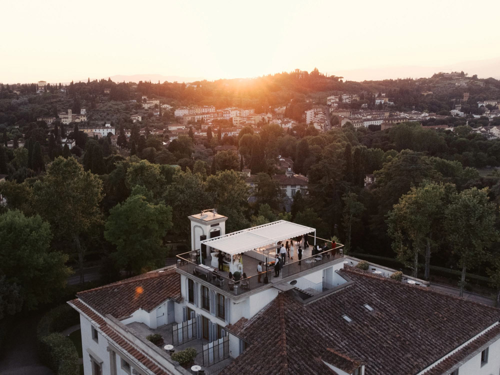 Villa Cora, Florence Wedding - Rooftop cocktail in the sunset, aerial by Tuscany photographer Andreas K. Georgiou