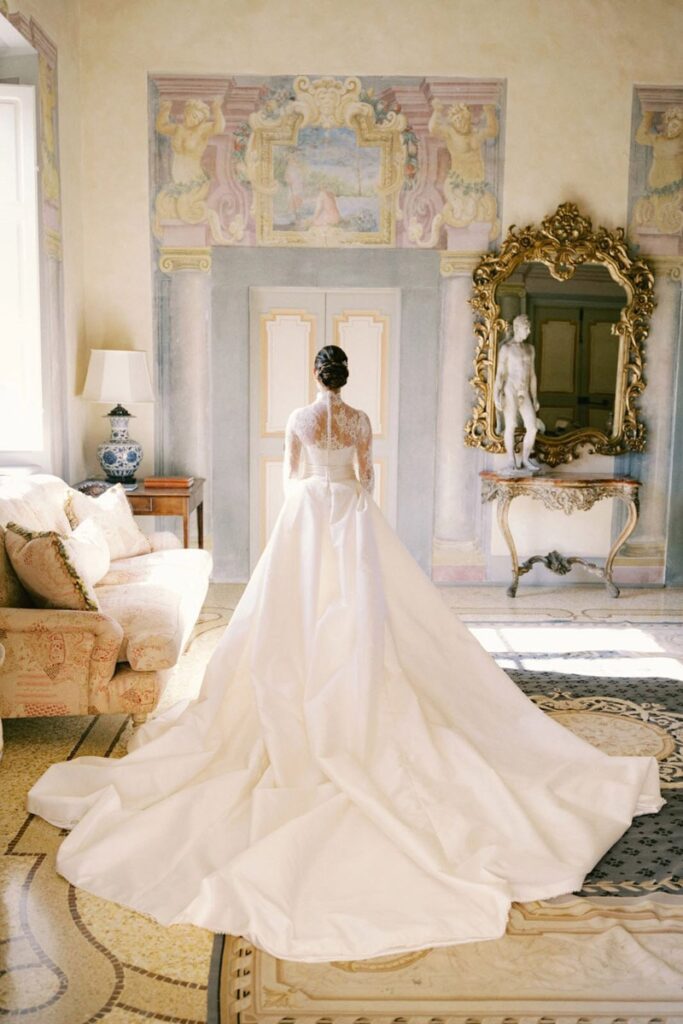 A bride in a regal gown during her villa Mangiacane wedding